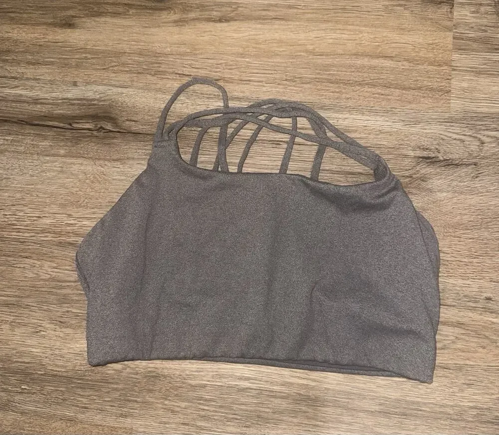 ATHLETA Solace Gray Multi Strappy Back Yoga Sports Bra Size L Large Low Impact